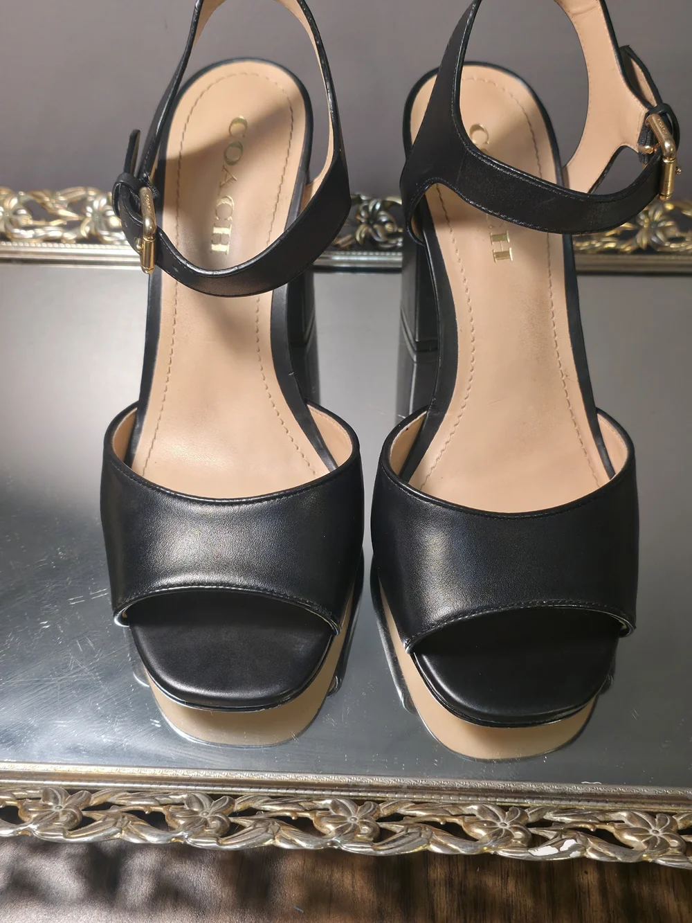 Coach Black Leather Block Heel Sandals with Gold Buckle